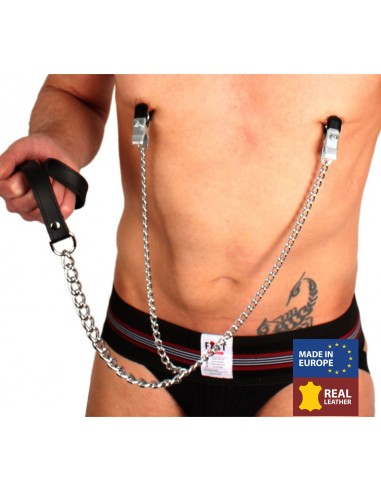 Pinces à seins + laisse ( métal + cuir )