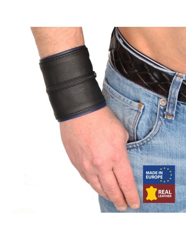 Poignet bracelet de force en cuir - Noir/Bleu avec zip