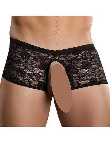 Boxer Bottomless en dentelle Crocthless Noir