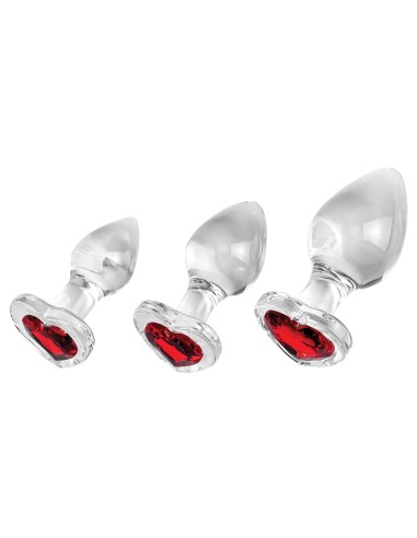 Lot de 3 Plugs Bijou en verre Heart Gem Rouge
