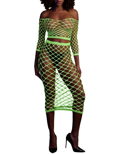 Bustier et Robe Filet Épaules dénudées Vert Fluo