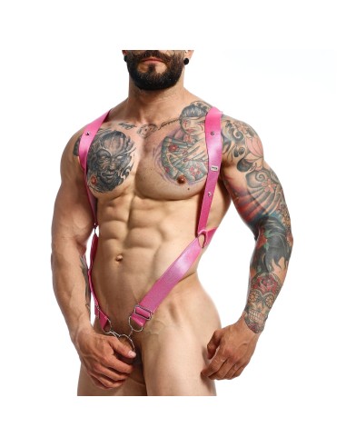 Harnais élastique et Cockring Crossback Dngeon Rose